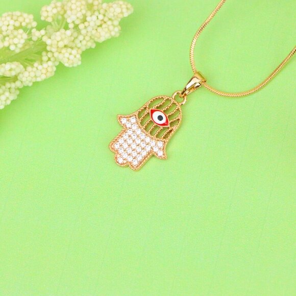 "Rose Gold Hamsa Hand Pendant with Evil Eye and Sparkling Stones, XPPT1386 - Picture 13 of 13